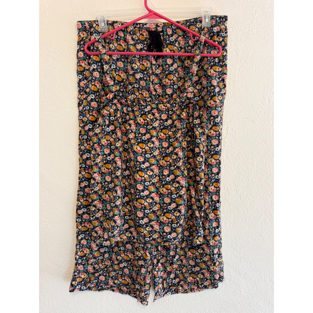 LOFT Sleep Pajama Set Large Floral Cami and Wide Leg Pants Rayon Black Multi